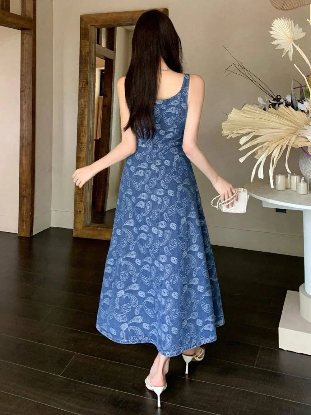 Medium Wash Boho Women's Denim Jacquard midi Dress - Picture 3 of 7